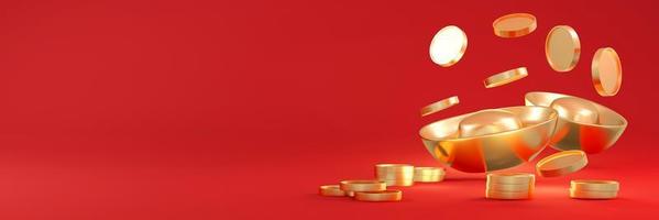 3D Rendering of Panorama scene of Chinese gold bars ingot and golden coins and copy space on red background banner. 3D Render illustration. photo