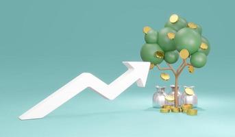 3D Rendering trees with coins falling down and arrow graph rising up with copy space on background concept of money tree financial investment. 3D Render illustration. Economic growth. photo