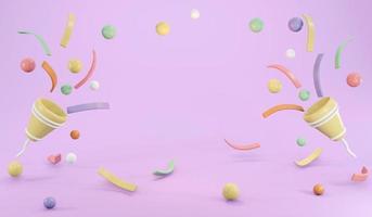 3D Rendering of party popper and confetti with copy space in pastel theme banner background. 3D Render illustration. photo