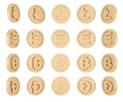 concepto de representación 3d de criptomoneda. los símbolos de criptomoneda en las monedas giran en muchos ángulos sobre fondo blanco. procesamiento 3d ilustración 3d bitcoin, ethereum, dogecoin, litecoin. foto