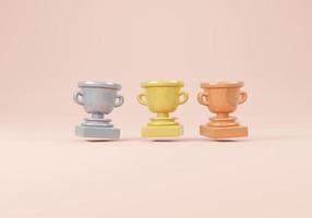 3D Rendering concept of winner. Set of trophy in gold silver bronze on pink background. 3D Render. 3D illustration. Minimal design template. photo