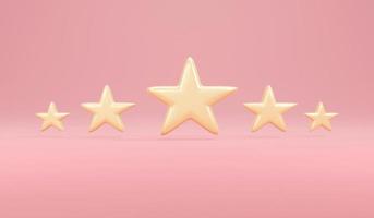 3D Rendering concept of review rating. Five stars in gold on pink background. 3D Render. 3D illustration. Minimal design template. photo