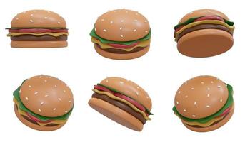 concepto de representación 3d de la comida. un conjunto de hamburguesas giratorias en muchas vistas giran en diferentes ángulos aislados en fondo blanco. procesamiento 3d ilustración 3d