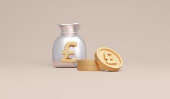 3D Rendering symbols pound money bag and coins concept of money currencies. 3D Render. 3d illustration. photo