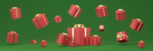 3D Rendering of wrapped gift box floating on long horizontal background in red green theme. 3D Render illustration. photo