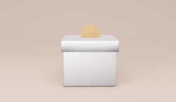 3D Rendering of a money coin in a box on background concept of donation, money jar, savings. 3D Render illustration. photo