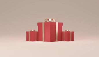 3D Rendering of wrapped gift box on horizontal background in red beige theme. 3D Render illustration. photo