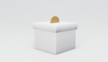 Representación 3d de una moneda de dinero en una caja aislada sobre fondo blanco concepto de donación, tarro de dinero, ahorro. Ilustración de procesamiento 3d. foto