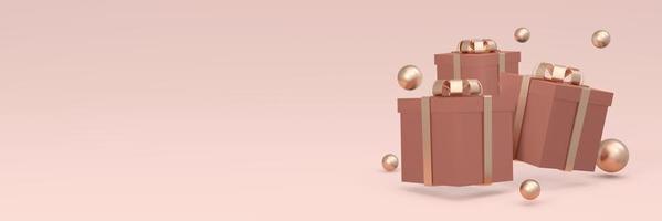 3D Rendering of wrapped gift box floating on long horizontal background in pink theme. 3D Render illustration. photo