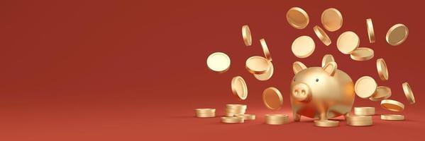 3D Rendering gold piggybank with many golden coins flying around the bank on red background for commercial design. 3D Render illustration. photo