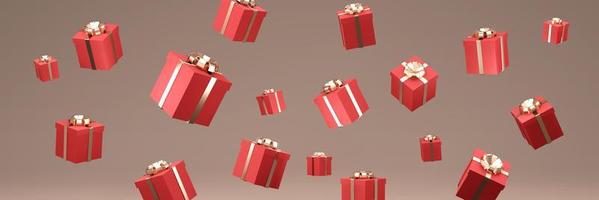 3D Rendering of red gift box with gold ribbon bow falling on background. 3D render illustration. photo