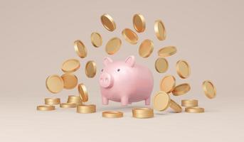 3D Rendering of money coins with piggy bank on background concept of savings, investment. 3D Render illustration. photo