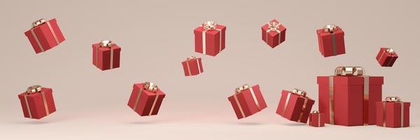3D Rendering of wrapped gift box floating on long horizontal background in red beige theme. 3D Render illustration. photo