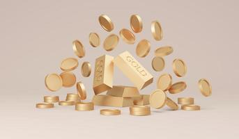 3D Rendering of money coins with gold bars on background concept of savings, investment, prosperity. 3D Render illustration. photo