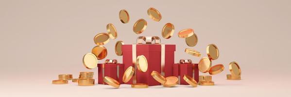 3D Rendering of red gift box with gold ribbon bow open with coins falling out on red background. 3D render illustration. photo