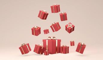 3D Rendering of red gift box with gold ribbon bow falling on background. 3D render illustration. photo
