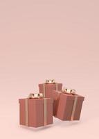 Representación 3d de caja de regalo envuelta flotando sobre fondo vertical en tema rosa. Ilustración de procesamiento 3d. foto