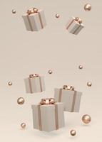 3D Rendering of wrapped gift box floating on vertical background in gold beige theme. 3D Render illustration. photo