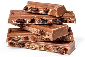 Slices of milk chocolate with nuts and raisins