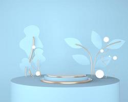 Product display podium decorated with leaves on pastel background, 3d illustration photo