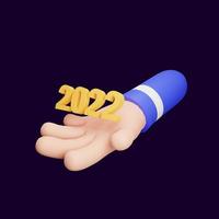 hand with text 2022 on dark background isolated. Scene for new year background. 3D render illustration. photo