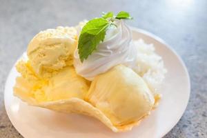 Durian ice cream with sticky rice is served with crispy waffle photo