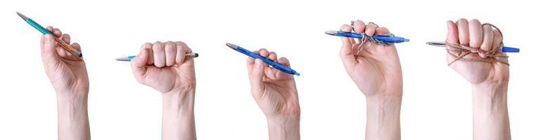 A collage of hands holding pens against a white background. photo