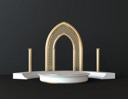 escena interior 3d islámica blanca y dorada con pedestal en fondo negro. escenario para mostrar representaciones 3d de productos cosméticos foto
