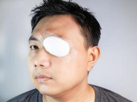 Asian men wear gauze blindfolds, sun protection, dust protection, masks after treatment or surgery, resulting in reduced vision even with small holes. Store in a cool dry place away photo