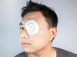 Asian men wear eye masks, sun protection, dust masks, masks after treatment or surgery, resulting in reduced vision even with small holes. Store in a cool dry place away from direct sunlight. photo
