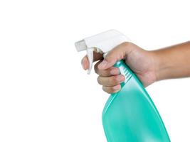 hand holding green spray bottle Various spray nozzles such as cleaning agents Ready to continue working and have clipping path on isolated background photo