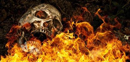 frente al cráneo humano enterrado en llamas en el suelo con las raíces del árbol a un lado. el cráneo tiene suciedad adherida al cráneo.concepto de muerte y halloween