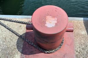 Different bollards and technical installations of vessel traffic at a port photo