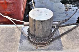 Different bollards and technical installations of vessel traffic at a port photo