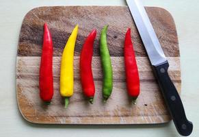 Top and perspective view of chili pepper and steel knife on a wooden cutting board with an isolated background photo