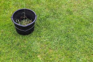 Gardening equipment on grass with empty space photo