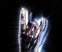 Ilustración 3d de una mano femenina humana brillante con un aura kirliana que muestra diferentes símbolos foto
