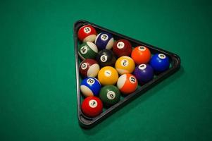 Sport billiard balls set arranged in shape of triangle on green billiard table in pub photo