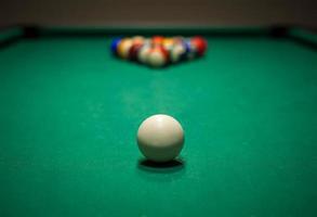 Sport billiard balls set arranged in shape of triangle on green billiard table in pub photo