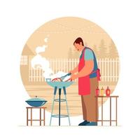 Chef Cooks Grilled Meat vector