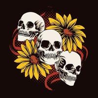 three skull head and sunflower vector