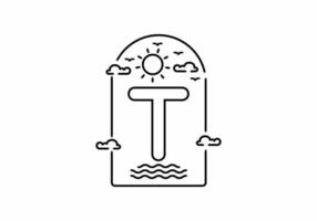 Line art illustration of beach with T initial name vector