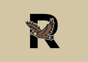 Line art illustration of flying eagle with R initial letter vector