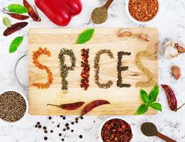 Different spices on white background. Top view photo