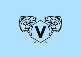 Line art illustration of fish frame with initial letter vector