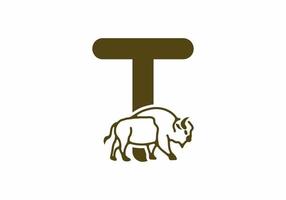 Initial letter T with bison line art vector