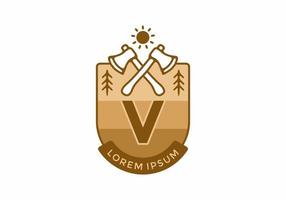 Line art illustration of camping ax with V initial letter vector
