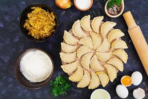 Delicious dumplings with cabbage on dark background. Top view photo