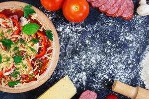 Raw pizza dough with ingredients and spices on dark background. Top view photo