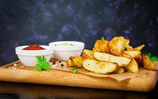 Baked potato with sauce and spices on dark background photo
